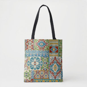 Bolso De Tela Damasco sin foco con mosaicos de colores. Vintage