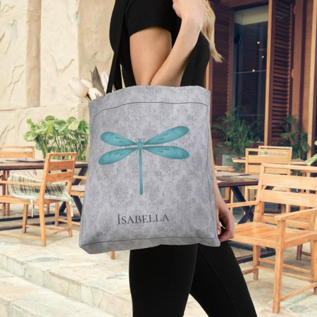 Bolso De Tela Damasco verde azulado de la libélula (Teal Dragonfly Damask Tote Bag)