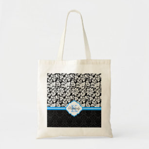 Bolso De Tela Damascos florales blancos y azules negros