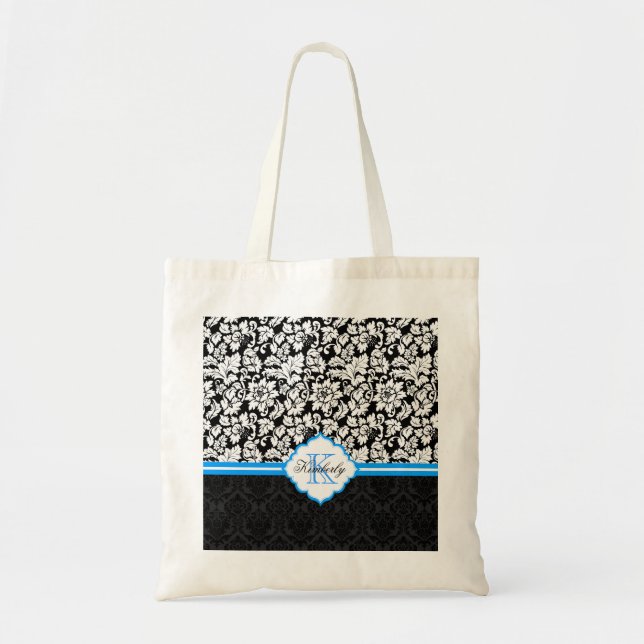 Bolso De Tela Damascos florales blancos y azules negros (Frente)