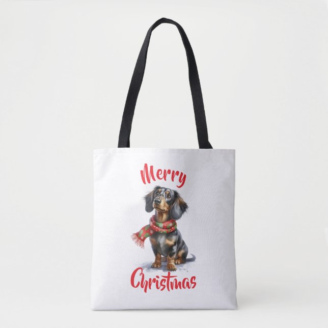 Bolso De Tela Dapple Dachshund Feliz Tote de Navidad (Anverso)