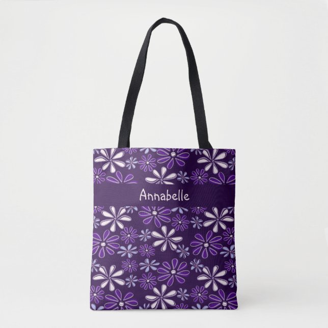 Bolso De Tela Dark Purple Flower Doodle tu nombre (Anverso)