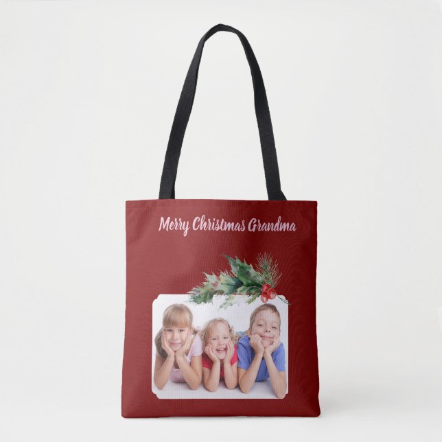 Bolso De Tela Dark Red Merry Christmas Grandma Photo (Anverso)