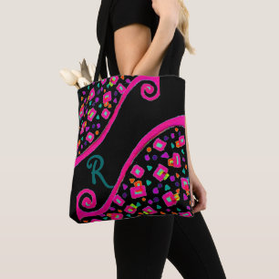 Bolso De Tela DecO Monograma cuadrado verde azul rosado en negro