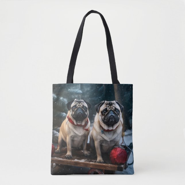 Bolso De Tela Decoración de los Navidades Pug Snowy Sleigh (Anverso)
