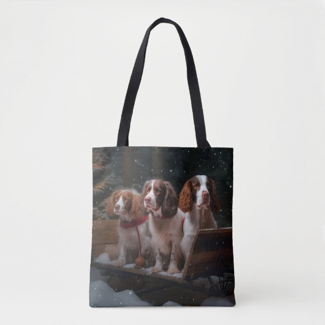 Bolso De Tela Decoración de Navidades Brittany Spaniel Snowy Sle (Anverso)