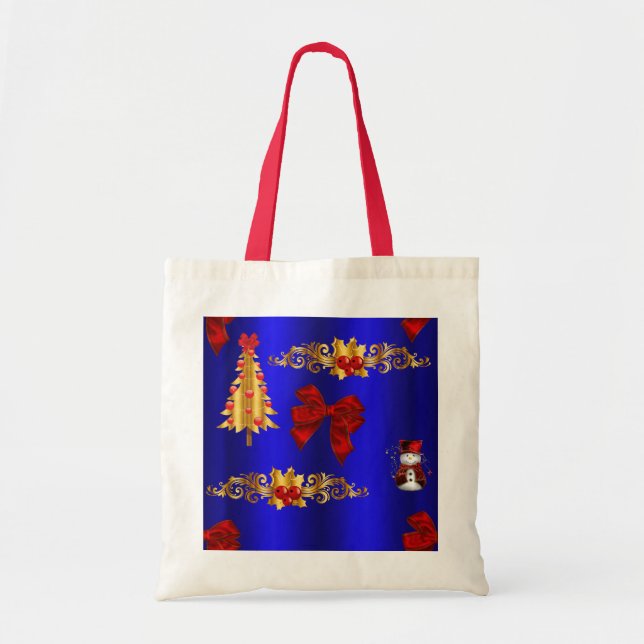 Bolso De Tela Decoraciones navideñas sobre el azul (Frente)