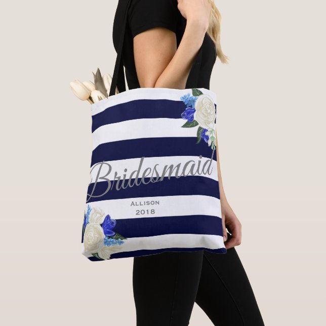 Bolso De Tela Deep Blue Floral Bridesmaid Tote Bag (Detalle)