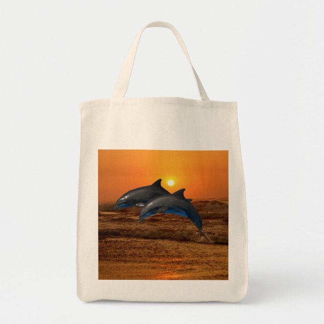 Bolso De Tela Delfín en botella al atardecer (Frente)