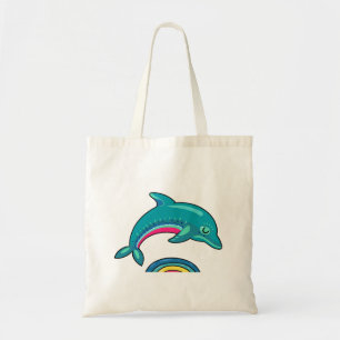Bolso De Tela Delfín verde Aqua arqueando sobre agua arco iris