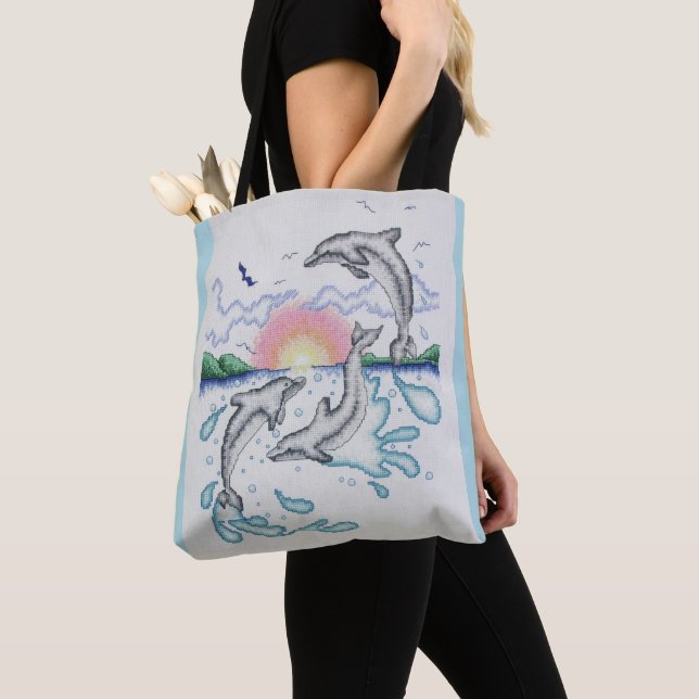 Bolso De Tela Delfines jugando Sunrise Ocean Beach Sunset (Detalle)
