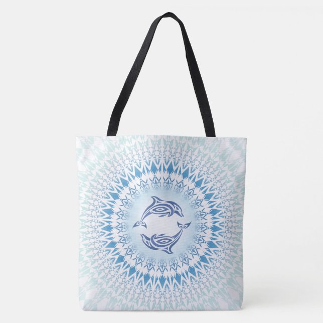 Bolso De Tela Delfines Mandala Azul Marítimo Blanco (Anverso)