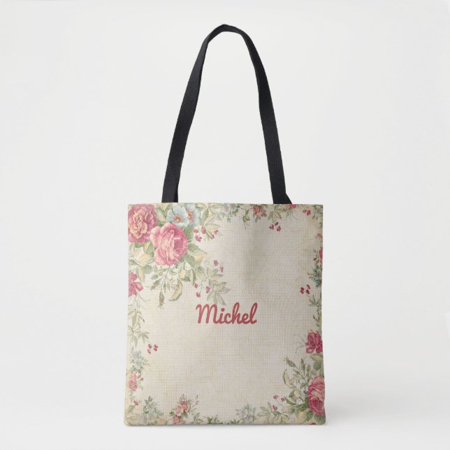 Bolso De Tela Delicado Diseño Floral Monogramado Tote Bag (Anverso)