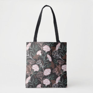 Bolso De Tela Delicados claveles rosados con flores de hojas ver