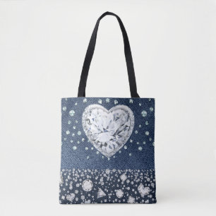 Bolso De Tela Denim de mezclilla azul y diamantes de corazón de