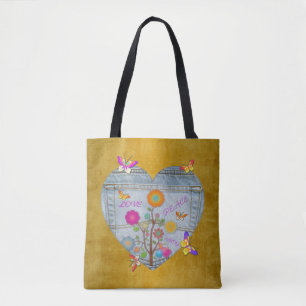 Bolso De Tela Denim Pocket Heart Flowers Butterflies