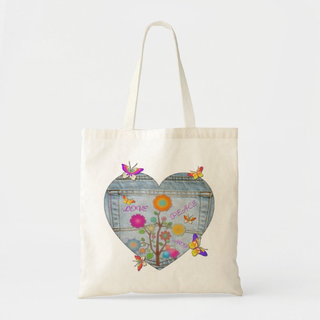 Bolso De Tela Denim Pocket Heart Flowers Butterflies Tote Bag (Frente)