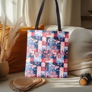 Bolso De Tela Denim y parches florales con flor de cerezo