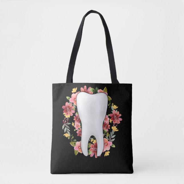 Bolso De Tela Dentista Floral Flores Dientes Auxiliar Dental (Anverso)