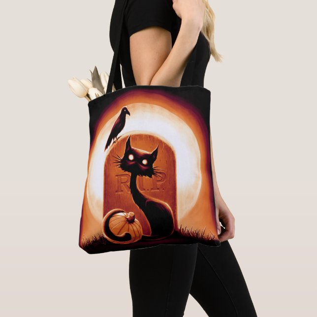 Bolso De Tela Derpy un gato de Halloween con una lápida (Detalle)