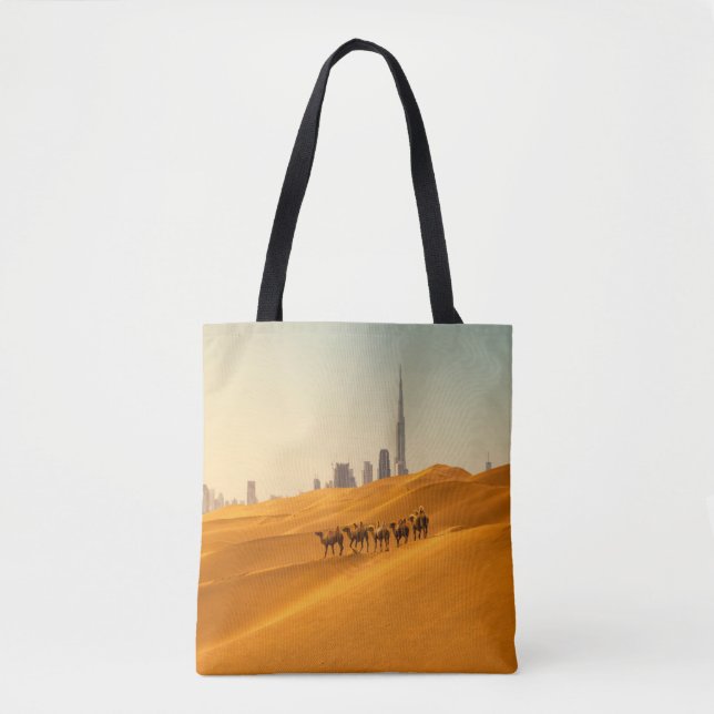 Bolso De Tela Desiertos | Vista aérea de Dubai con camellos (Anverso)