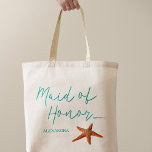 Bolso De Tela Destino de la playa estrella boda criada de honor<br><div class="desc">Criada de honor mar / playa / destino de boda bolso de tote con escritura de caligrafía azul y texto editable. Personalízalo con el nombre de la doncella de honor.</div>