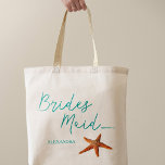 Bolso De Tela Destino de playa estrella boda dama de honor<br><div class="desc">Marisma de novias Starfish / playa / destino bolsa de tetas de boda con escritura de caligrafía azul acuática y texto editable. Personalizarla con el nombre de la dama de honor.</div>