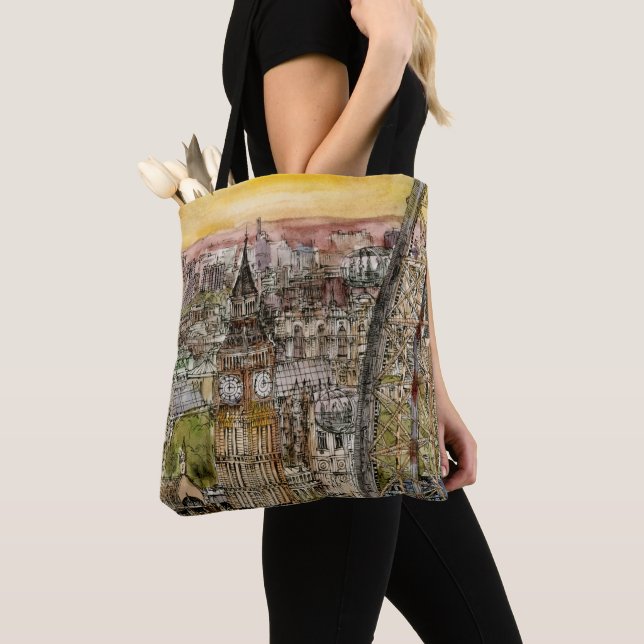 Bolso De Tela Destinos | acuarela Big Ben y London Eye (Detalle)