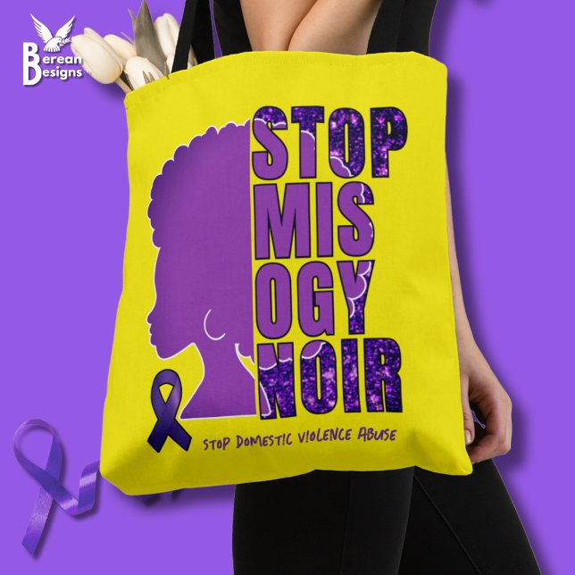 Bolso De Tela DETENER LA CONCIENCIA DE LA Violencia Doméstica MI (Yellow STOP MISOGYNOIR Tote Bag to raise awareness of  DVA and anti-Black women hatred. Custom text)