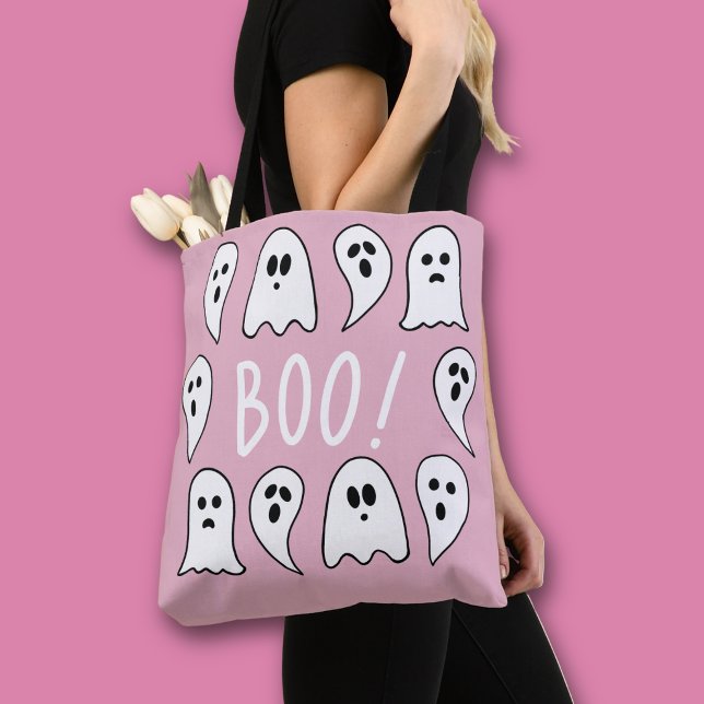 Bolso De Tela Día de las Brujas Fantasmas Boo (Pink and white ghosts Halloween tote bag)