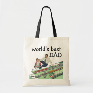 Bolso De Tela Día del Padre Vintage, Papá e Hijo con Trenes