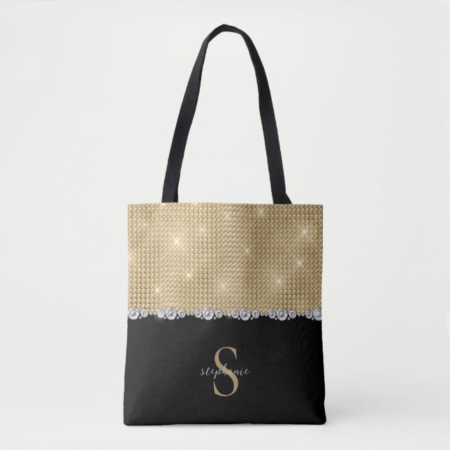 Bolso De Tela Diamantes Monograma Oro Negro Lujo Sofisticado (Anverso)