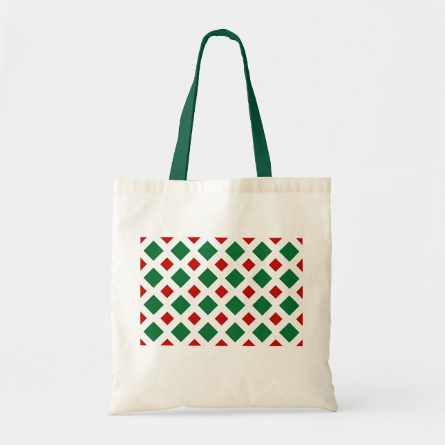 Bolso De Tela Diamantes verdes y rojos sobre blanco (Frente)