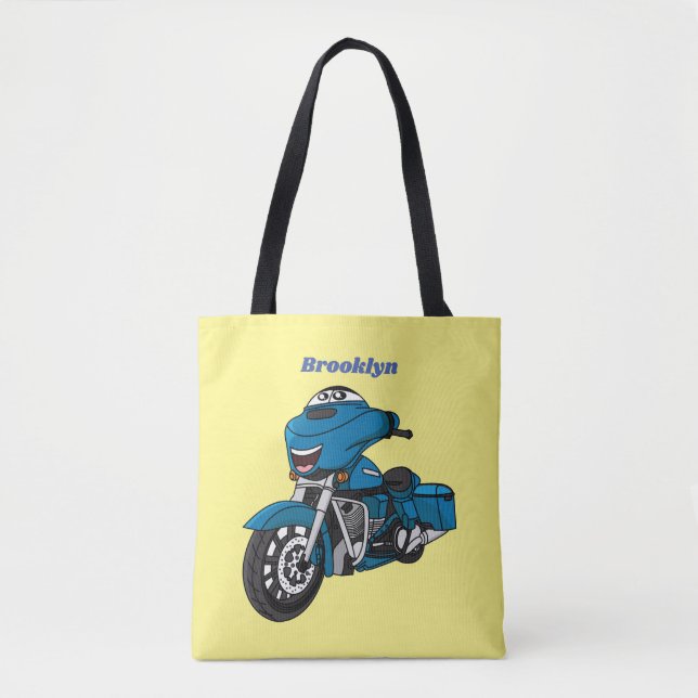 Bolso De Tela Dibujo animado de motocicleta azul lindo y feliz (Anverso)