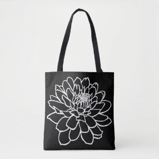 Bolso De Tela Dibujo de crisantemo - Blanco sobre negro