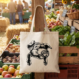 Bolso De Tela Dibujo de granja animal cabeza de cerdo en blanco 