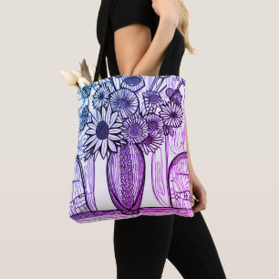 Bolso De Tela Dibujo de la línea de la vara de flores Azul morad