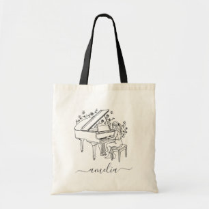 Bolso De Tela Dibujo de línea de pianista femenina personalizada