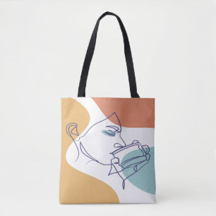 Bolso De Tela dibujo de líneas poster de la mujer tomando café