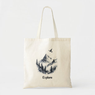 Bolso De Tela Dibujo de paisaje montañoso con ave volando