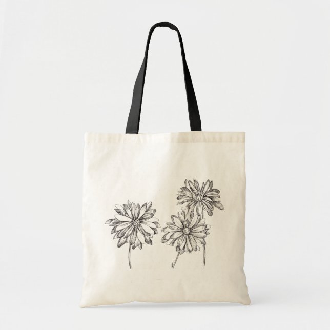 Bolso De Tela Dibujo de tinta de las flores de margarita en blan (Frente)