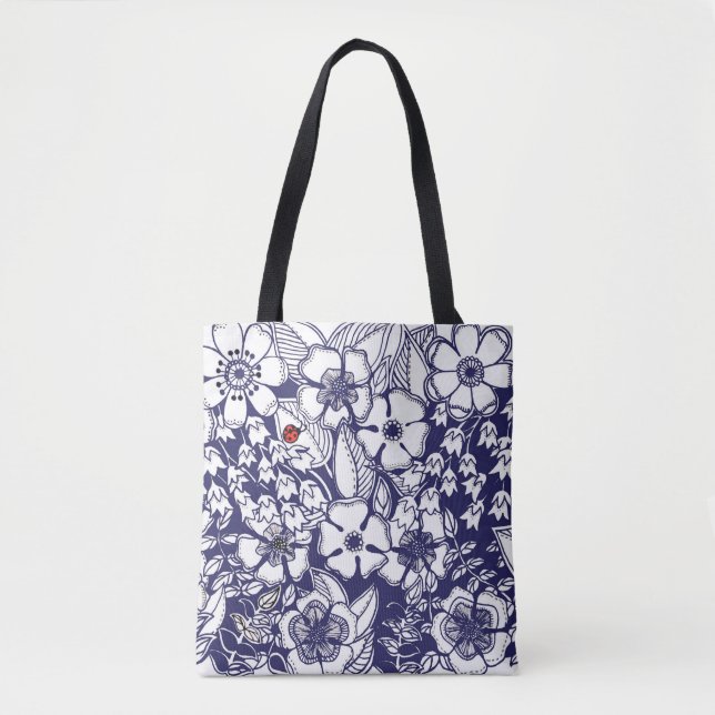 Bolso De Tela Dibujo del Jardín Blanco Azul Shalom Botánico Giro (Anverso)