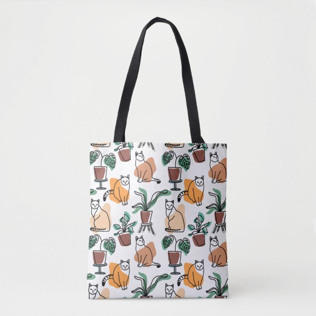 Bolso De Tela Dibujo en línea de gatos y flores (Anverso)