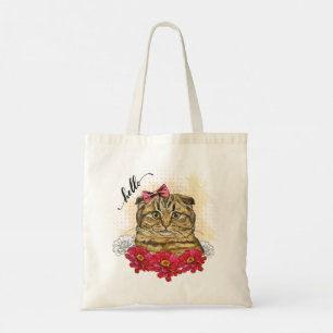 Bolso De Tela Dibujo manual del gato plegado escocés con flores
