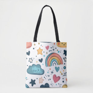 Bolso De Tela Dibujo Patrón de Arcoíris Adorable con Nubes y Est
