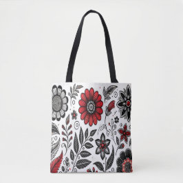 Bolso De Tela Dibujos de flores y hojas en rojo y negro