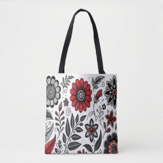 Bolso De Tela Dibujos de flores y hojas en rojo y negro
