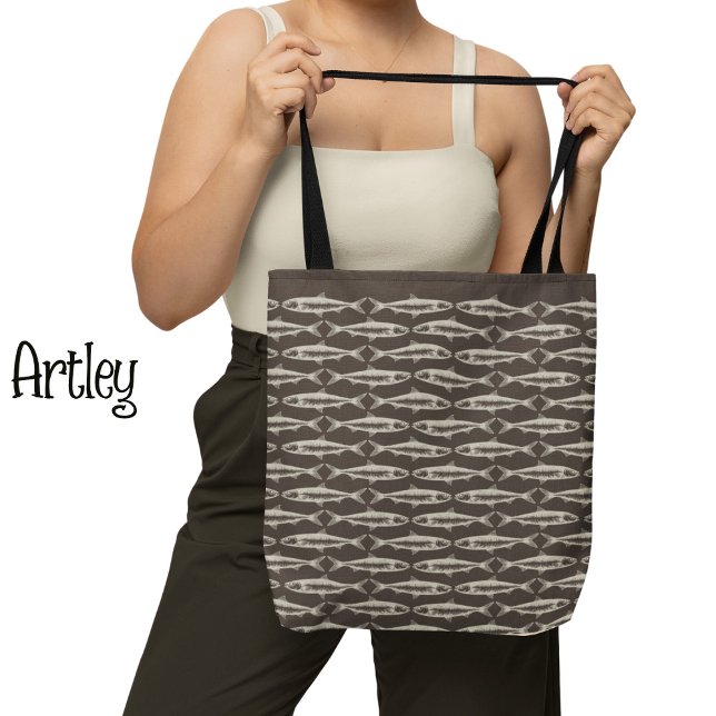 Bolso De Tela Dibujos de peces del patrón de arte sardino marrón (Subido por el creador)