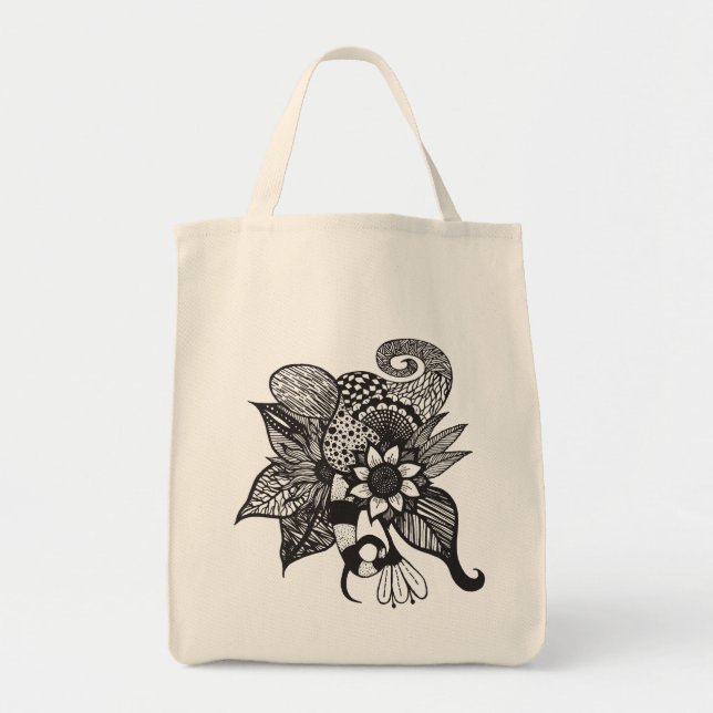 Bolso De Tela Dibujos florales de la mano del enredo blanco y (Frente)