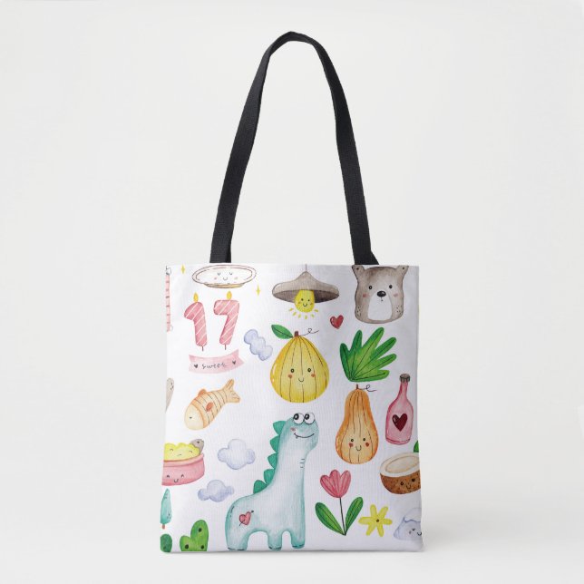 Bolso De Tela Dibujos garabatos de acuarela kawaii, listos para  (Anverso)